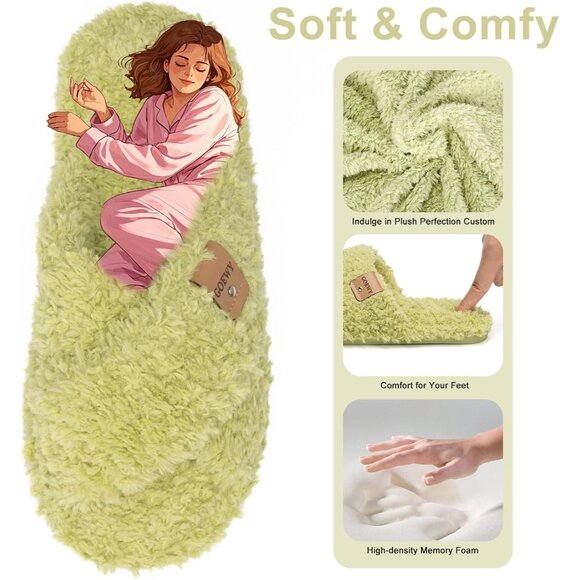 ⚡Women’s Grass Green Faux Fur Cozy Fuzzy Cross Band Slippers House Shoes - Picture 3 of 6